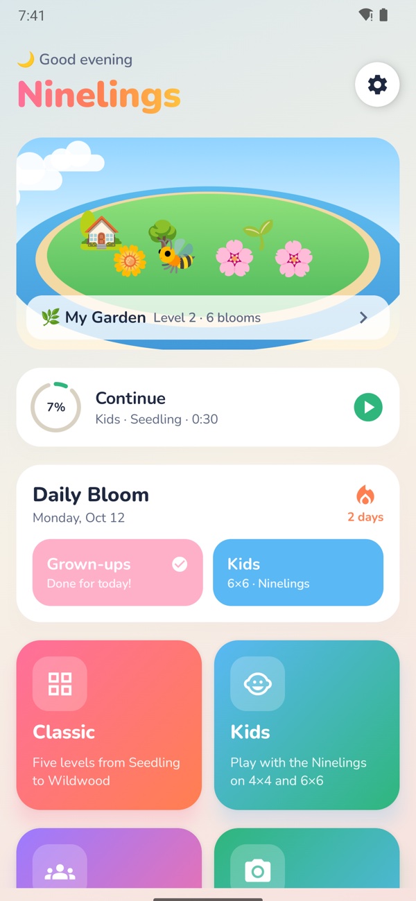 Ninelings home screen with your garden and the Daily Bloom
