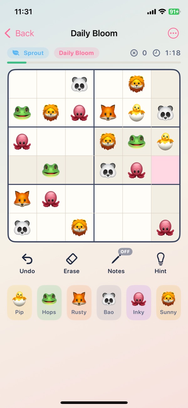 A 6ร6 creature puzzle played with the Ninelings